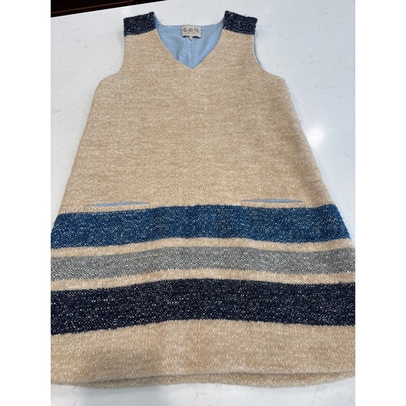 Sea New York Dresses & Skirts - Sea New York Silk Wool Tweed Striped V-Neck Snap Side Shift Dress Oatmeal,Blue 6